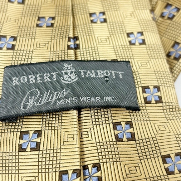 ROBERT TALBOTT PHILLIP’S Men’s Gold Blue Geometric Silk Hand Made Tie USA 60” - Picture 5 of 7